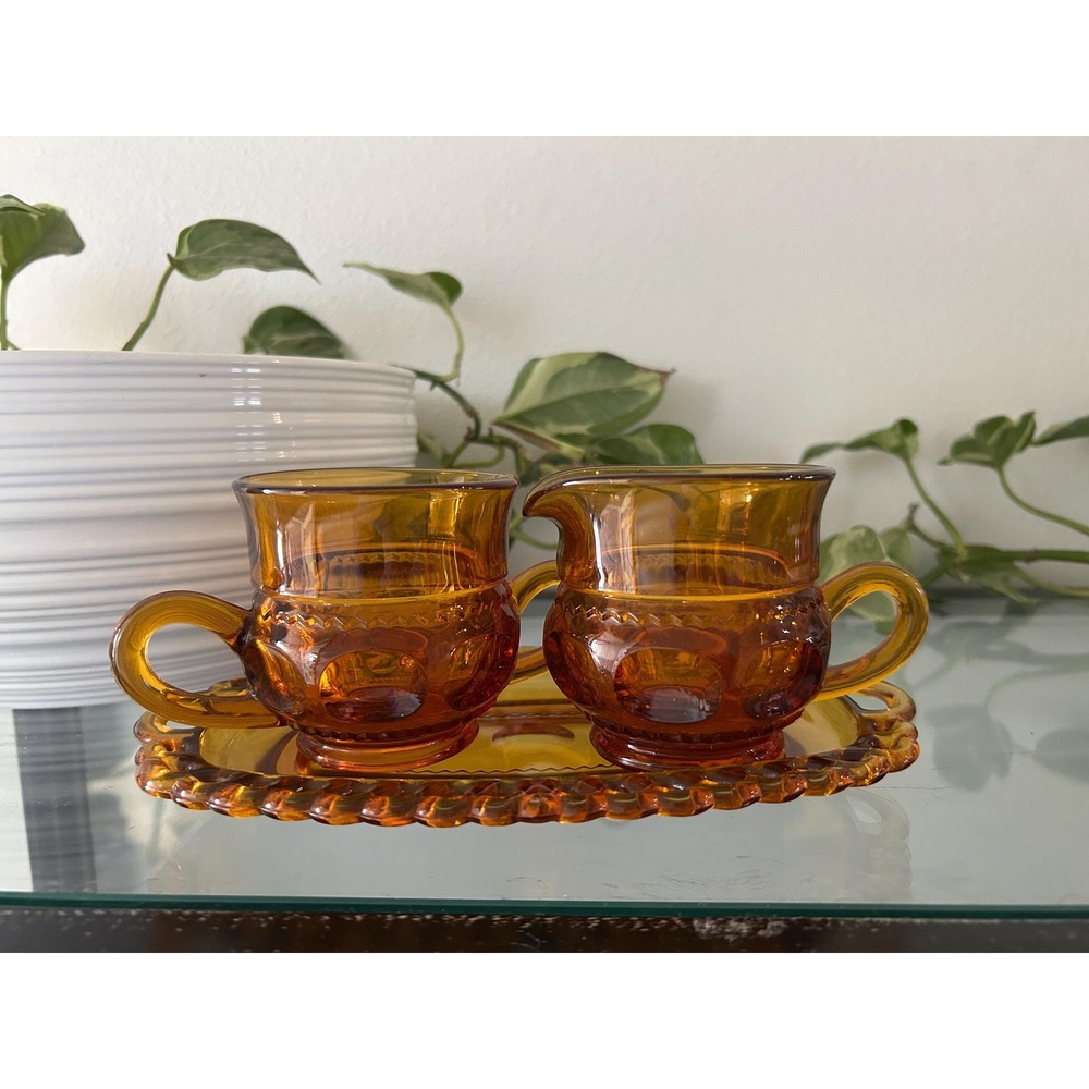 Indiana‎ Glass Kings Crown Amber Creamer & Sugar Set with Tray